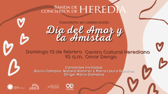 Concierto Especial para celebrar el "Día del Amor y la Amistad" - Banda de Conciertos de Heredia Fondo color naranja con corazones blancos