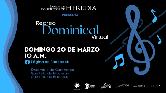 Concierto: Recreo Dominical" - Banda de Conciertos de Heredia Notas musicales azules con fondo negro y celeste