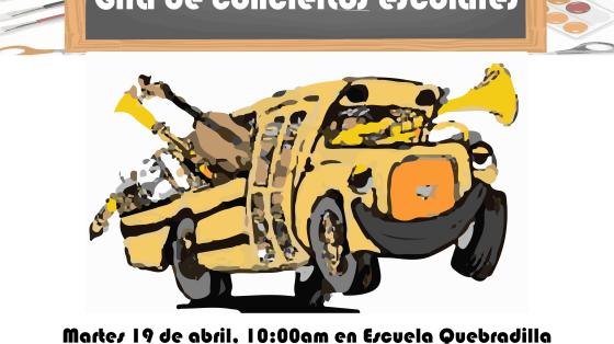 Gira de Conciertos Educativos - Banda de Conciertos de Cartago Imagen de bus cazadora alegre en movimiento y con instrumentos que saludan desde las ventanas