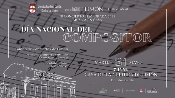 imagen de partitura con lápiz y fondo en dibujo de la Casa de la Cultura de Limón