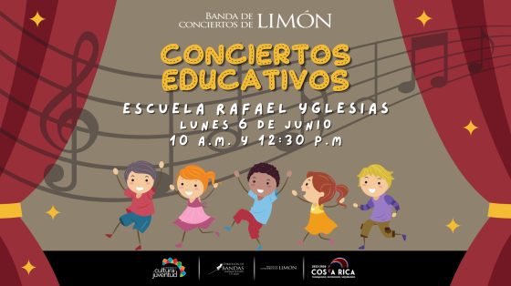 Conciertos Didácticos en Escuela Rafael Yglesias - Banda de Conciertos de Limón Imagen de niñas y niños bailando con música en un escenario
