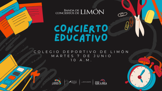 Concierto Didáctico en "Colegio Deportivo de Limón" - Banda de Conciertos de Limón imagen de útiles escolares de colores vistosos en fondo negro