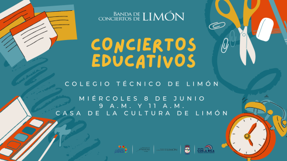 Conciertos Didácticos en Casa de la Cultura de Limón - Banda de Conciertos de Limón útiles escolares de colores vistosos con un fondo color celeste