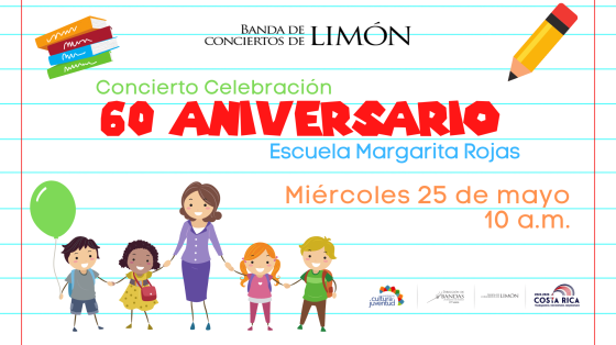 Concierto de Celebración del 60 aniversario de la Escuela Margarita Rojas - Banda de Conciertos de Limón Imagen caricatura de maestra con niñas y niños