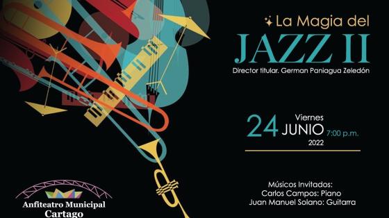 Concierto Especial "La Magia del Jazz II" - Banda de Conciertos de Cartago figuras musicales en color pastel sobre fondo oscuro