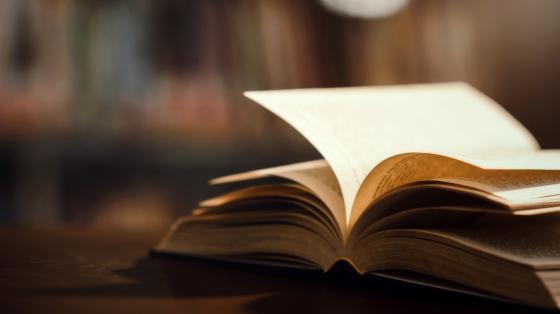 Libro abierto sobre una mesa La fotografía tiene un fondo café borroso en segundo plano. En primer plano se presenta, en el lado derecho de la fotografía, un acercamiento de un libro abierto a la mitad sobre una mesa