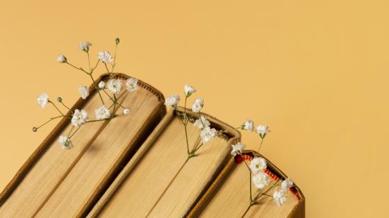 Homenaje a la escritora Lara Ríos Composición de libros con flores en sus páginas.