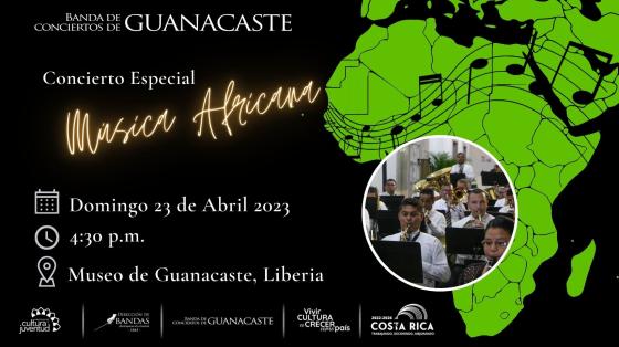 Concierto de Música Africana - Banda de Conciertos de Guanacaste mapa de África en color verde con fondo negro y letras de colores que dicen Música Africana