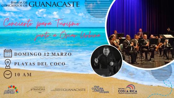 oncierto para Turismo No. 1 en Playas del Coco - Banda de Conciertos de Guanacaste Foto de playa con dos fotografías de músicos de la BCG
