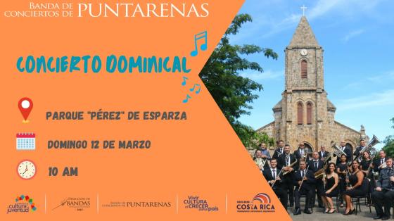 Concierto Dominical en el Parque "Pérez" - Banda de Conciertos de Puntarenas Foto de la Banda de Conciertos de Puntarenas con la iglesia de fondo