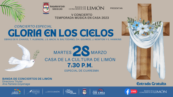 Concierto “Gloria en los Cielos” - Banda de Conciertos de Limón Foto de cruz de madera con palabras en azul anunciando el concierto
