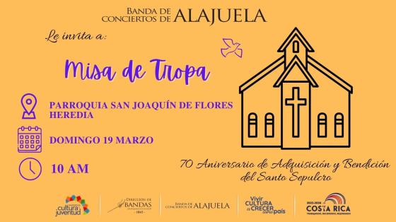 Concierto de Misa de Tropa - Banda de Conciertos de Alajuela Imagen de dibujo de Iglesia con color amarillo de fondo y letras moradas