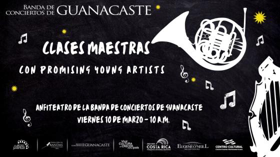 Clases Maestras de Música a cargo de Promissing Young Artists junto a la Banda de Conciertos de Guanacaste Fondo oscuro con letras blancas e instrumentos musicales en color blanco