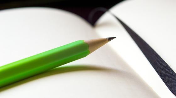 En el fondo un libro abierto y en primer plano un lápiz de grafito verde.
