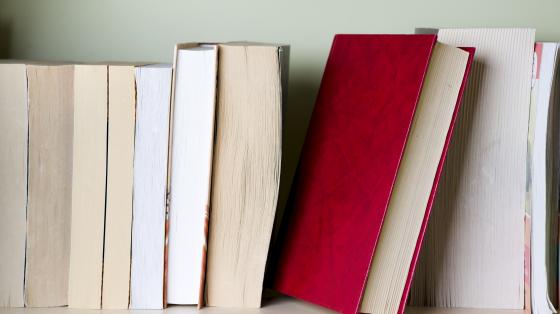 Cuentan que en Moravia: Moravia del futuro Sobre fondo claro, una serie de libros ordenados verticalmente, y en la mitad resalta un libro rojo.