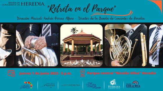 Cinta con fotos de instrumentos y del quiosco del parque central de Heredia