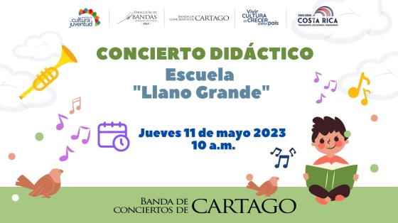 Concierto Didáctico "Escuela Llano Grande" - Banda de Conciertos de Cartago Niño con libro, pajaritos y notas musicales