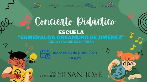 Concierto Didáctico Escuela "Esmeralda Oreamuno" | Banda de Conciertos de San José Dibujo de Niña y niño aprendiendo con notas musicales a su alrededor en fondo verde