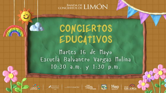 II Concierto Educativo - Banda de Conciertos de Limón Imagen de pizarra con letras amarillas y guirnaldas de colores