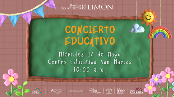 Concierto Didáctico en Centro Educativo San Marcos - Banda de Conciertos de Limón Pizarra verde con letras infantiles anunciando el concierto