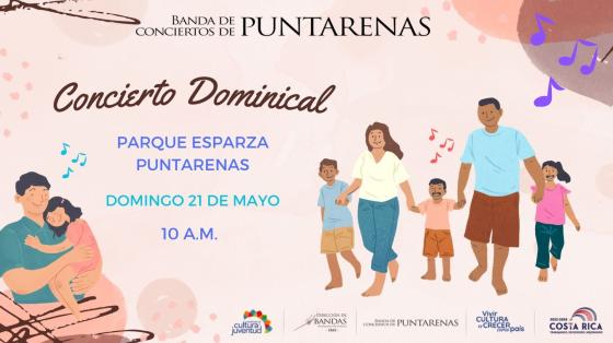 Concierto Dominical en el Parque de Esparza | Banda de Conciertos de Puntarenas fondos colores rosa con dibujos de familias caminando