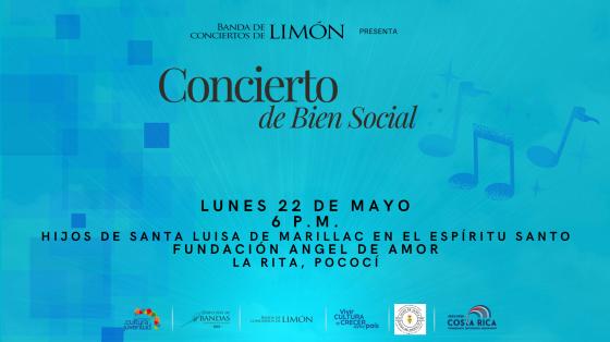 IV Concierto de Bien Social | Banda de Conciertos de Limón Fondo celeste con notas musicales azules