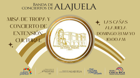 Misa de Tropa y Concierto de Extensión Cultural- Banda de Conciertos de Alajuela Cinto que simula bandera con medallón de foto de Iglesia y Virgen