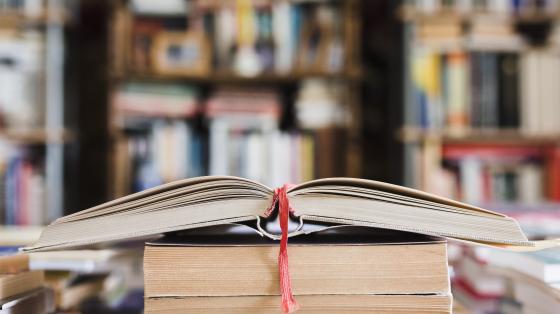 Fondo difuminado. Sobre una mesa, una torre de libros y encima un libro abierto. 