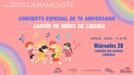 Concierto "75 Aniversario Jardín de Niños de Liberia" | Banda de Conciertos de Guanacaste Dibujo de niños en ronda cantando con fondo rosa