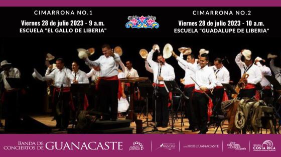 Conciertos de Cimarrona I y II | Banda de Conciertos de Guanacaste Músicos de la Banda de Guanacaste con chonetes en un teatro con fondo oscuro