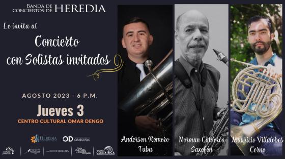 Concierto con Solistas | Banda de Conciertos de Heredia Fotos de 3 músicos solistas con fondo azul oscuro