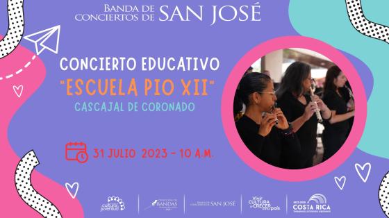 Concierto Didáctico | Banda de Conciertos de San José Instrumentistas mujeres con fondo morado y rosa