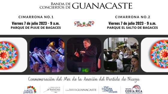 Conciertos de la Cimarrona I y Cimarrona II | Banda de Conciertos de Guanacaste collage de fotos de la Banda de Guanacaste con adornos de colores de carretas de Guanacaste
