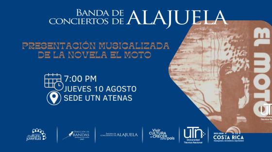 Concierto "El Moto" en UTN de Atenas | Banda de Conciertos de Alajuela Imagen de la novela El Moto en color sepia con fondo azul