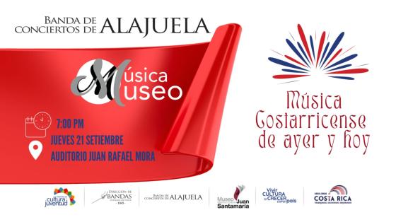 Concierto "Música de ayer y hoy" | Banda de Conciertos de Alajuela papel rojo brillante enrollado con letras anunciando el concierto con colores patrios