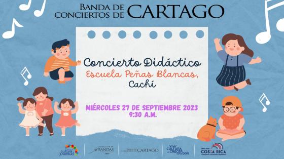 Concierto Didáctico Escuela Peñas Blancas de Cachi | Banda de Conciertos de Cartago Dibujos de niñas y niños alrededor de una hoja de papel con el anuncio del concierto