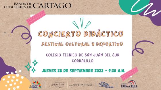 Concierto Didáctico "Festival Cultural y Deportivo" | Banda de Conciertos de Cartago Imagen de papel blanco con cintas adhesivas de colores anunciando el concierto
