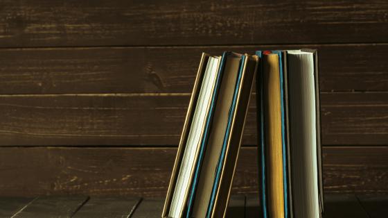 Presentación del libro sobre Tobías Bolaños por Marta Zamora Fondo de madera. Libros organizados verticalmente.