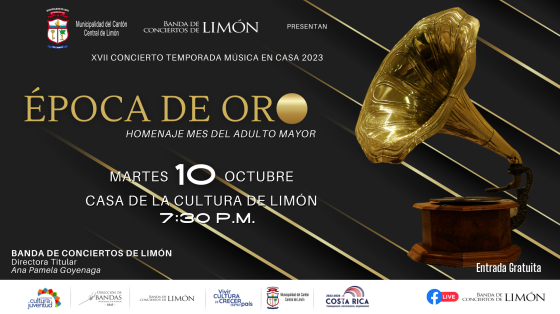 V Concierto de Bien Social "Mes de la Persona Adulta Mayor" | Banda de Conciertos de Limón Foto de una vitrola dorada con fondo negro
