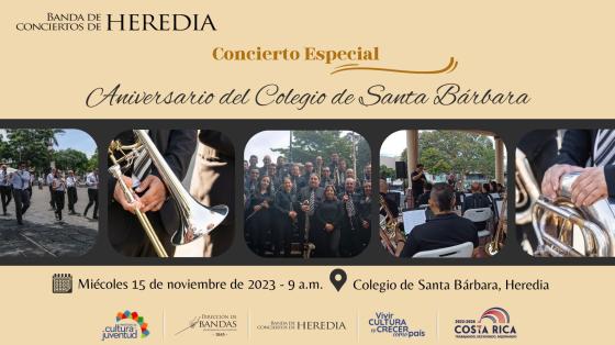 Concierto "Aniversario del Colegio Santa Bárbara" | Banda de Conciertos de Heredia Collage de fotografías de músicos y detalles de instrumentos