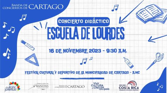 Concierto Didáctico | Banda de Conciertos de Cartago Figuras de útiles escolares en colores blanco y azul con el nombre de la Escuela de Lourdes al centro