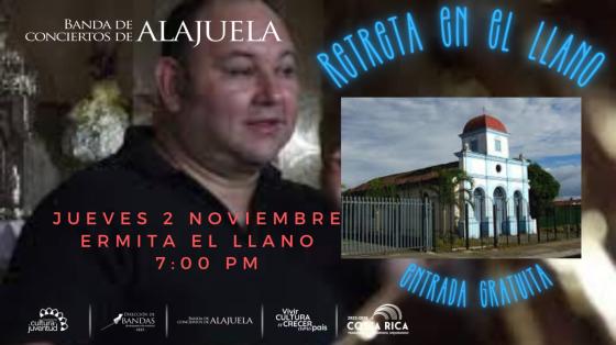 Concierto "La Retreta del Llano" | Banda de Conciertos de Alajuela foto del Director Gabriel Campos con una foto de la Ermita del Llano a la par