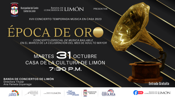 XVIII Concierto de la Temporada Música en Casa | Banda de Conciertos de Limón Foto de una vitrola dorada con fondo negro