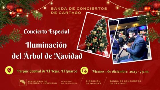 Concierto de "Iluminación del Árbol Navideño" | Banda de Conciertos de Cartago Foto de árbol navideño y foto de músico con nariz roja navideña en fondo rojo