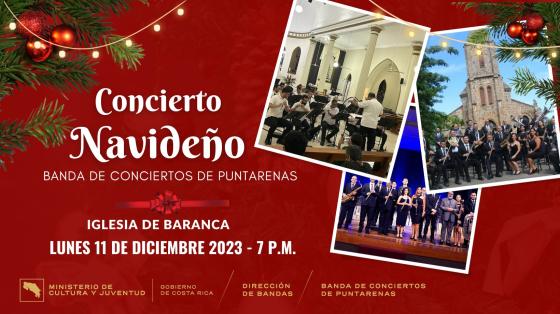 Concierto Navideño en Barranca | Banda de Conciertos de Puntarenas Fotos de la Banda entre adornos navideños con fondo rojo