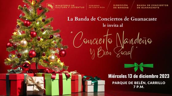 Concierto Navideño y Bien Social | Banda de Conciertos de Guanacaste Árbol Navideño rodeado de muchos regalos con fondo rojo