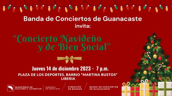 Concierto Navideño y Bien Social | Banda de Conciertos de Guanacaste Árbol Navideño rodeado de muchos regalos con fondo rojo