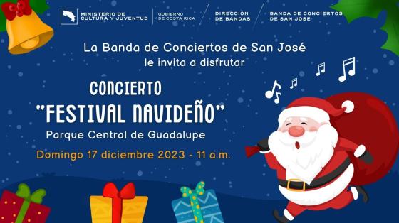 Concierto "Festival Navideño" | Banda de Conciertos de San José Un Santa Claus cantando mientras reparte regalos con un fondo azul