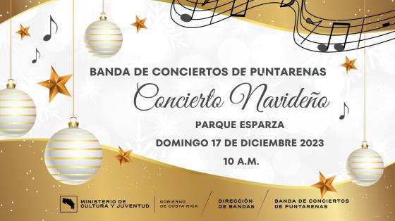 Concierto Navideño en aarque Esparza | Banda de Conciertos de Puntarenas Fondo dorado y blanco con adornos navideños y notas musicales