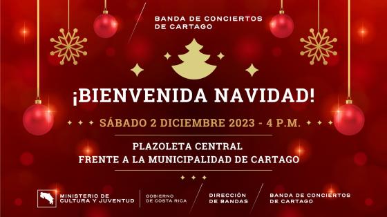 Concierto Especial "¡Bienvenida Navidad!" | Banda de Conciertos de Cartago Fondo rojo con luces navideñas y copos de nieve dorados